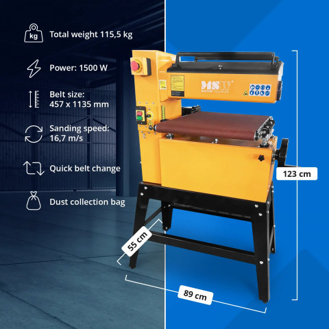 
Platus juostinis šlifuoklis metalui, medienai, plastikui, plotis 450 mm, 1500 W
