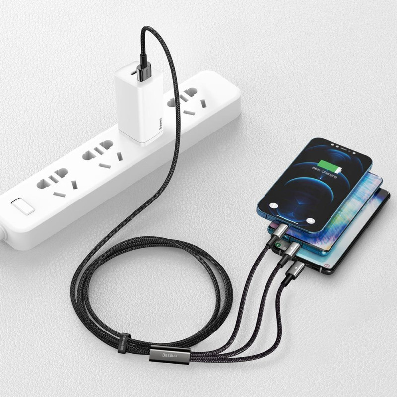 Kabelis 3in1 USB USB-C iPhone Lightning microUSB 3.5 A 1.5 m juodas