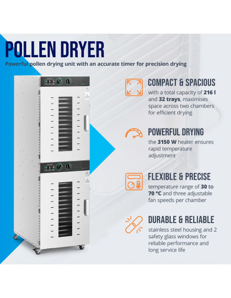 
Bičių žiedadulkių džiovintuvas, 32 lentynos, 30–70 °C, 216 l, 3150 W
