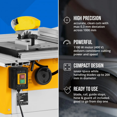 
Diskinis stalo pjūklas medienai, 200 mm skersmens, 400 V, 1100 W
