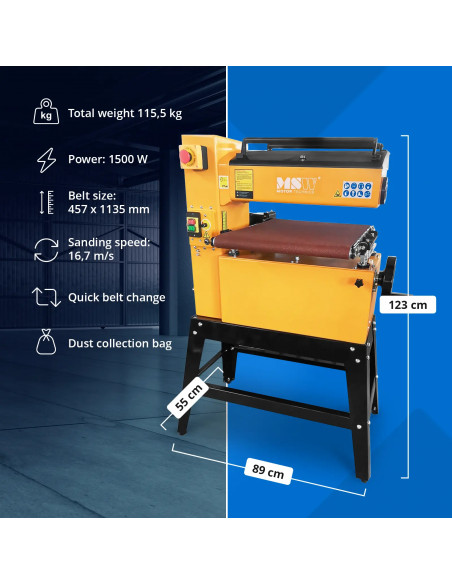 
Platus juostinis šlifuoklis metalui, medienai, plastikui, plotis 450 mm, 1500 W

