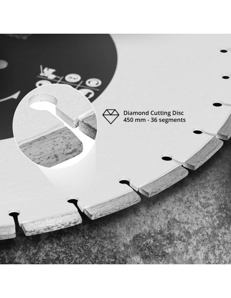 
Deimantinis diskas betonui, keramikai, plytelėms, skersmuo 450 mm, kiaurymė 25,4 mm
