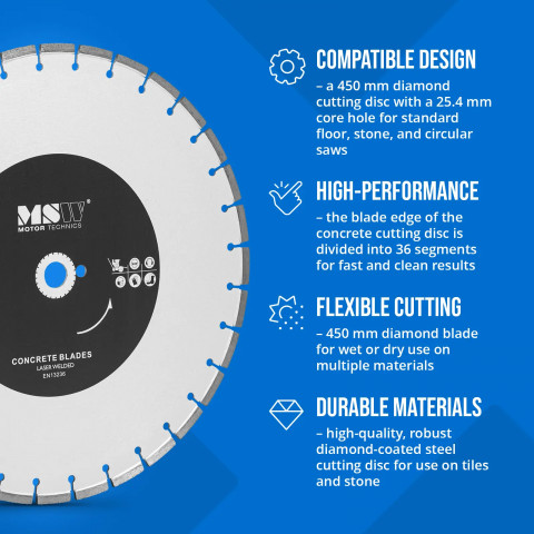 
Deimantinis diskas betonui, keramikai, plytelėms, skersmuo 450 mm, kiaurymė 25,4 mm
