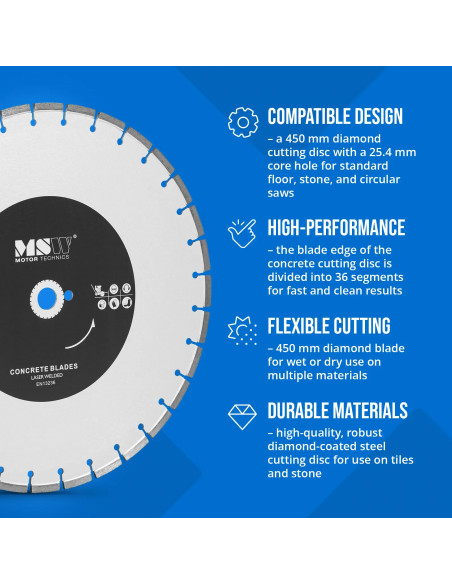 
Deimantinis diskas betonui, keramikai, plytelėms, skersmuo 450 mm, kiaurymė 25,4 mm
