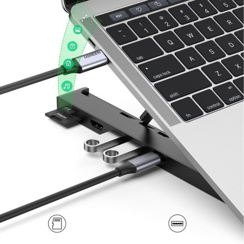 
„X-Kit“ sulankstomas nešiojamojo kompiuterio stovas + USB-C šakotuvas, USB HDMI, SD, microSD kortelių skaitytuvas, juod...