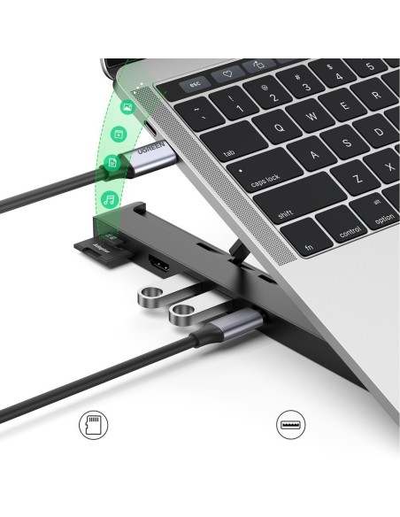 
„X-Kit“ sulankstomas nešiojamojo kompiuterio stovas + USB-C šakotuvas, USB HDMI, SD, microSD kortelių skaitytuvas, juod...
