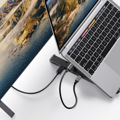 
„X-Kit“ sulankstomas nešiojamojo kompiuterio stovas + USB-C šakotuvas, USB HDMI, SD, microSD kortelių skaitytuvas, juod...