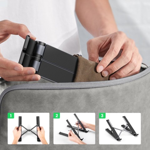 
„X-Kit“ sulankstomas nešiojamojo kompiuterio stovas + USB-C šakotuvas, USB HDMI, SD, microSD kortelių skaitytuvas, juod...