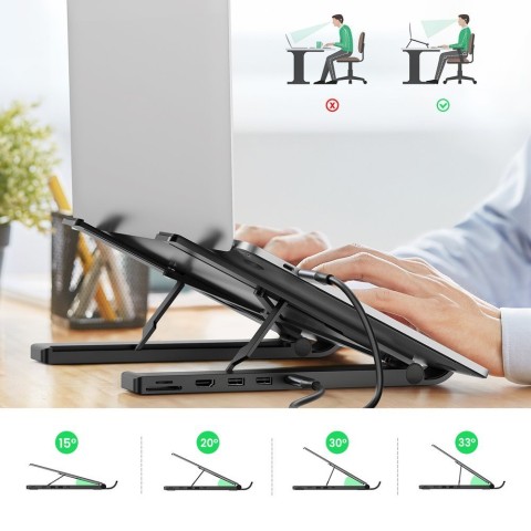 
„X-Kit“ sulankstomas nešiojamojo kompiuterio stovas + USB-C šakotuvas, USB HDMI, SD, microSD kortelių skaitytuvas, juod...