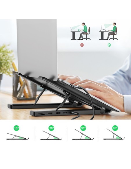 
„X-Kit“ sulankstomas nešiojamojo kompiuterio stovas + USB-C šakotuvas, USB HDMI, SD, microSD kortelių skaitytuvas, juod...