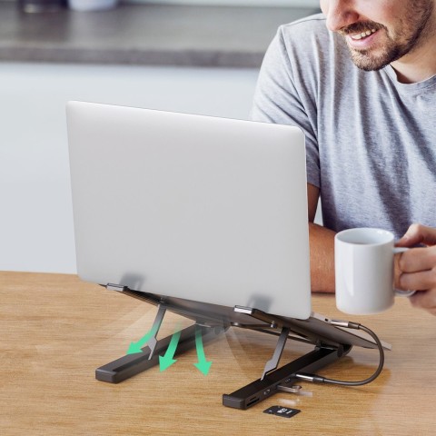 
„X-Kit“ sulankstomas nešiojamojo kompiuterio stovas + USB-C šakotuvas, USB HDMI, SD, microSD kortelių skaitytuvas, juod...