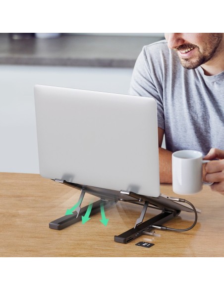 
„X-Kit“ sulankstomas nešiojamojo kompiuterio stovas + USB-C šakotuvas, USB HDMI, SD, microSD kortelių skaitytuvas, juod...