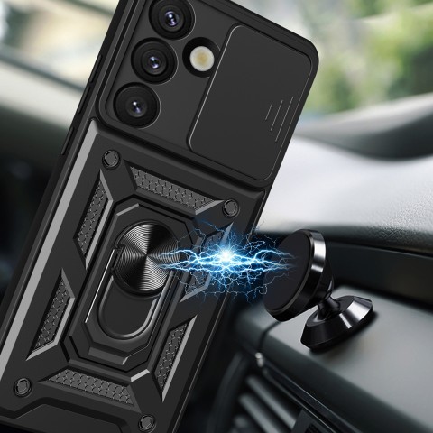 
Šarvuotas dėklas su stovu ir kameros dangteliu, skirtas „Honor 400 Hybrid Armor Camshield“ - juodas
