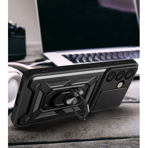 
Šarvuotas dėklas su stovu ir kameros dangteliu, skirtas „Honor 400 Hybrid Armor Camshield“ - juodas
