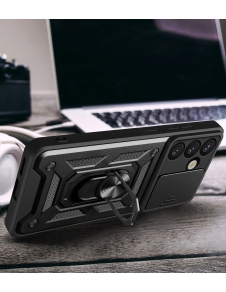 
„Realme P3 5G Hybrid Armor Camshield“ dėklas su stovu ir kameros skydeliu – juodas
