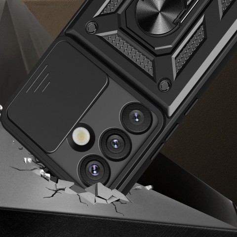 
„Realme P3 Pro 5G“ hibridinis šarvuotas kameros skydelio dėklas su stovu ir kameros skydeliu – juodas
