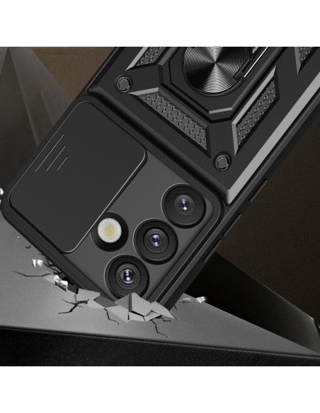 
„Realme P3 Pro 5G“ hibridinis šarvuotas kameros skydelio dėklas su stovu ir kameros skydeliu – juodas

