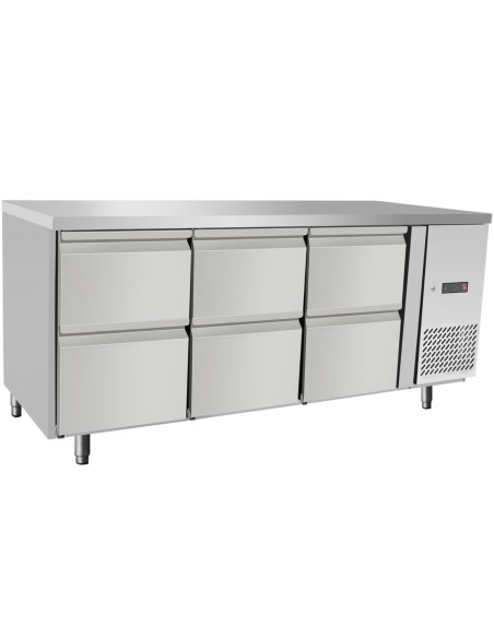
Gastronominis šaldomas stalas su 6 stalčiais 204 l 400 W 1795x700x840 mm
