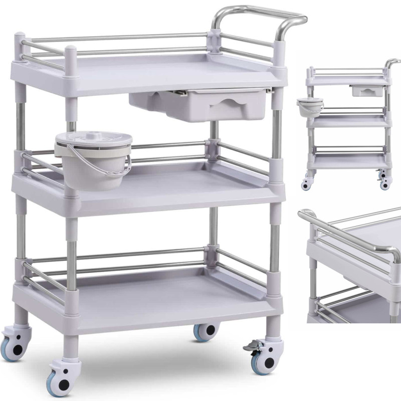 Kosmetinių procedūrų laboratorinis vežimėlis 3 lentynos 1 stalčius 72 x 65 x 99 cm 30 kg