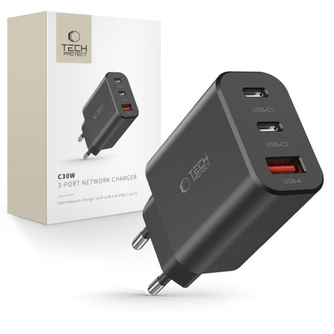 
NC30W 2x USB-C USB-A 30W sieninis įkroviklis – juodas
