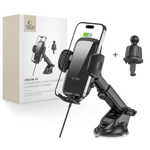 
Automobilinis laikiklis su indukciniu telefono įkrovikliu, skirtas prietaisų skydelio grotelėms, 15 W - juodas
