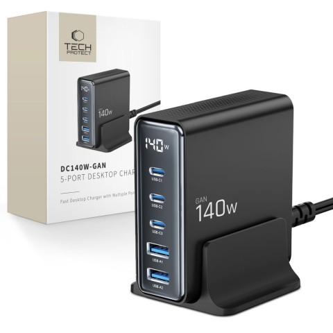 
Įkrovimo stotelė įrenginiams su ekranu 3x USB-C 2x USB-A GaN 140W - juoda
