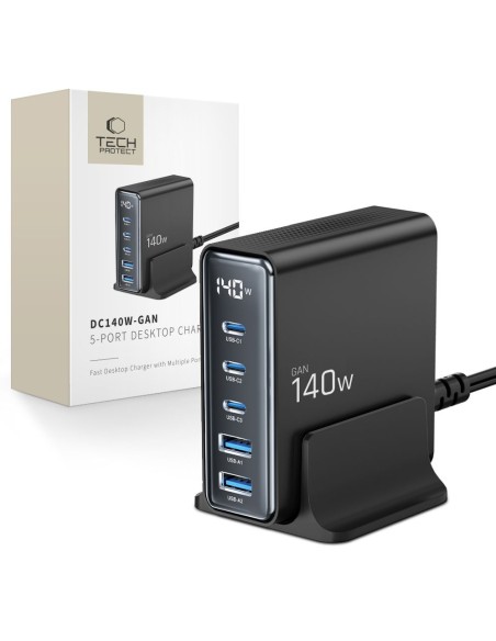 
Įkrovimo stotelė įrenginiams su ekranu 3x USB-C 2x USB-A GaN 140W - juoda
