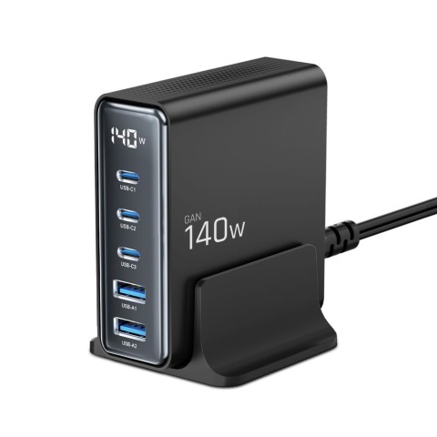 
Įkrovimo stotelė įrenginiams su ekranu 3x USB-C 2x USB-A GaN 140W - juoda
