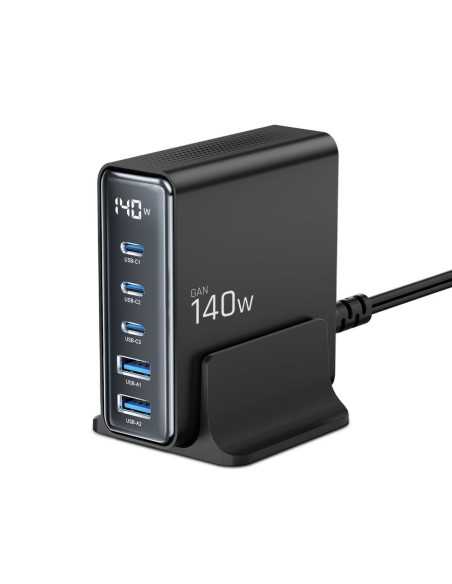 
Įkrovimo stotelė įrenginiams su ekranu 3x USB-C 2x USB-A GaN 140W - juoda

