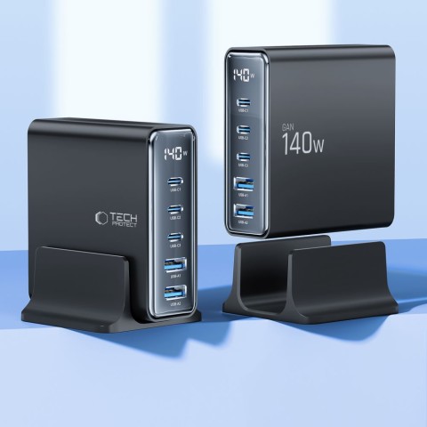 
Įkrovimo stotelė įrenginiams su ekranu 3x USB-C 2x USB-A GaN 140W - juoda
