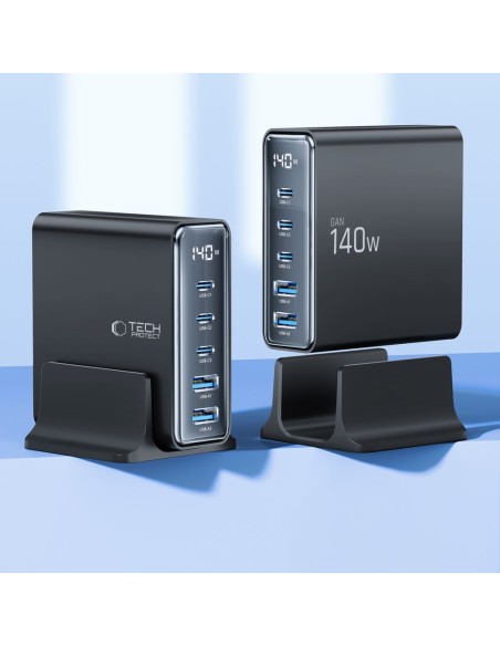 
Įkrovimo stotelė įrenginiams su ekranu 3x USB-C 2x USB-A GaN 140W - juoda

