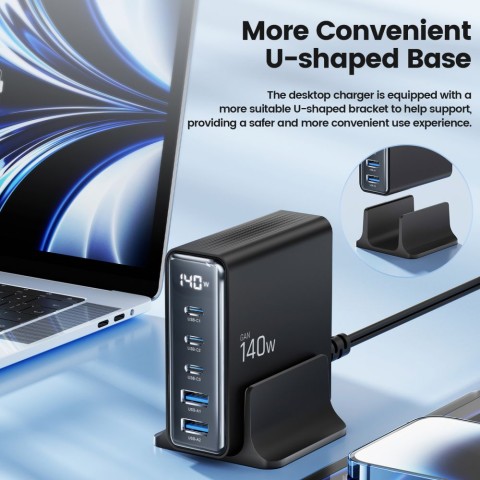 
Įkrovimo stotelė įrenginiams su ekranu 3x USB-C 2x USB-A GaN 140W - juoda
