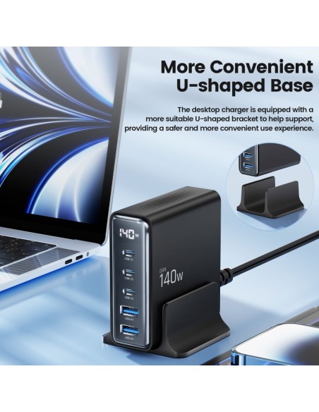 
Įkrovimo stotelė įrenginiams su ekranu 3x USB-C 2x USB-A GaN 140W - juoda
