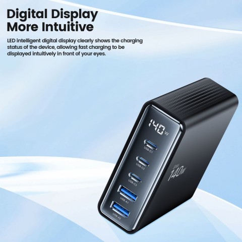 
Įkrovimo stotelė įrenginiams su ekranu 3x USB-C 2x USB-A GaN 140W - juoda
