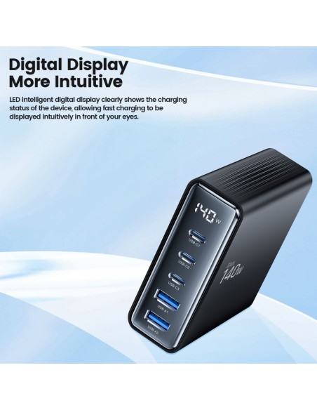
Įkrovimo stotelė įrenginiams su ekranu 3x USB-C 2x USB-A GaN 140W - juoda
