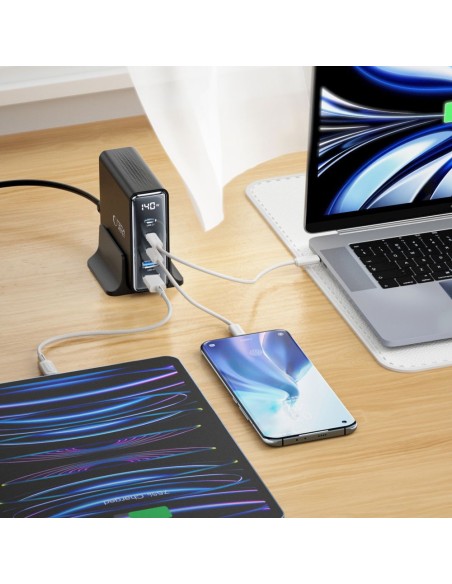 
Įkrovimo stotelė įrenginiams su ekranu 3x USB-C 2x USB-A GaN 140W - juoda
