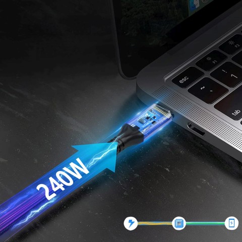 
„Thunderbolt 4“ USB-C 240 W 4K 1 m kampinis kabelis – juodas
