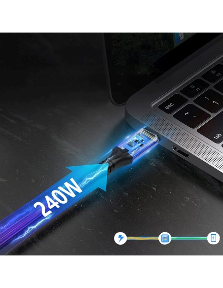 
„Thunderbolt 4“ USB-C 240 W 4K 1 m kampinis kabelis – juodas
