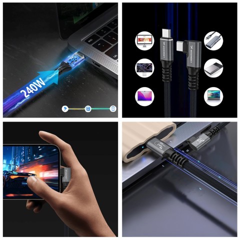 
„Thunderbolt 4“ USB-C 240 W 4K 1 m kampinis kabelis – juodas
