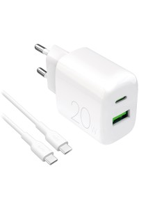 
USB-A USB-C 20W sieninis įkroviklis su 1,2 m USB-C laidu – baltas
