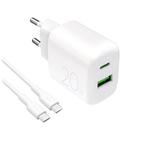 
USB-A USB-C 20W sieninis įkroviklis su 1,2 m USB-C laidu – baltas
