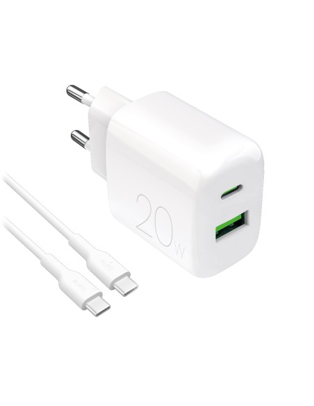 
USB-A USB-C 20W sieninis įkroviklis su 1,2 m USB-C laidu – baltas
