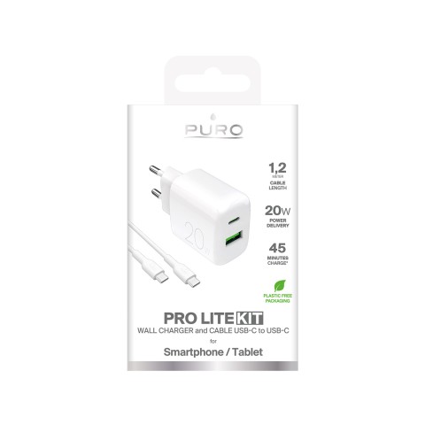
USB-A USB-C 20W sieninis įkroviklis su 1,2 m USB-C laidu – baltas
