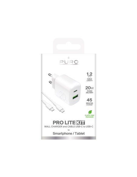 
USB-A USB-C 20W sieninis įkroviklis su 1,2 m USB-C laidu – baltas
