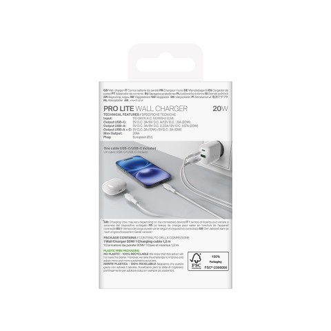 
USB-A USB-C 20W sieninis įkroviklis su 1,2 m USB-C laidu – baltas
