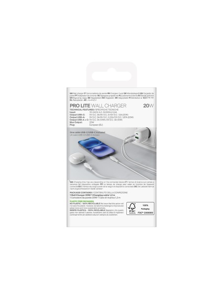 
USB-A USB-C 20W sieninis įkroviklis su 1,2 m USB-C laidu – baltas
