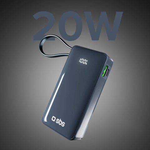 
10000mAh USB-A/ C nešiojamoji baterija su integruotu ekranu ir 20 W USB-C laidu – tamsiai pilka
