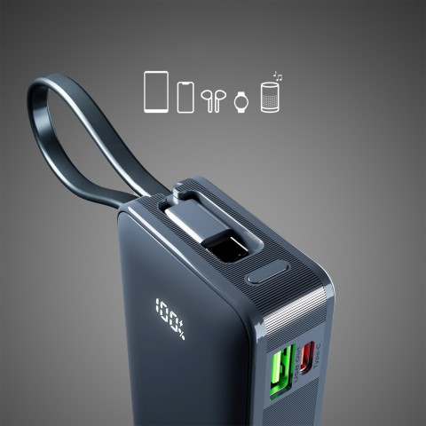 
10000mAh USB-A/ C nešiojamoji baterija su integruotu ekranu ir 20 W USB-C laidu – tamsiai pilka
