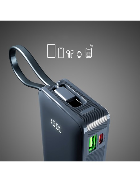 
10000mAh USB-A/ C nešiojamoji baterija su integruotu ekranu ir 20 W USB-C laidu – tamsiai pilka
