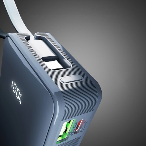 
10000mAh USB-A/ C nešiojamoji baterija su integruotu ekranu ir 20 W USB-C laidu – tamsiai pilka
